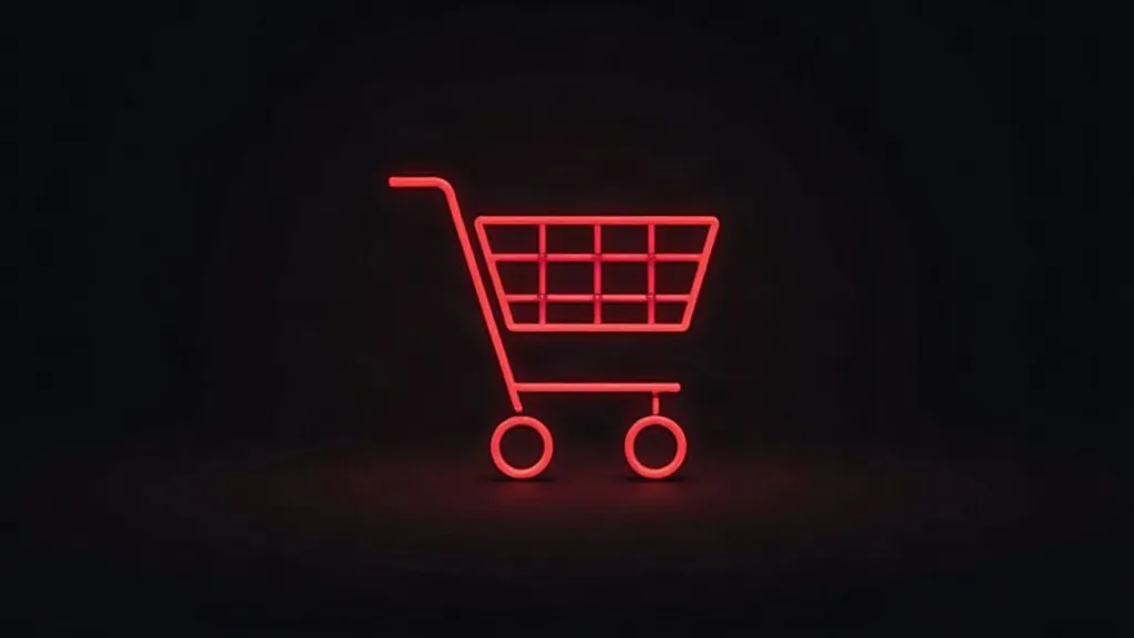 Neonska crvena ikona shopping kola na crnoj pozadini - simbol e-commerce-a