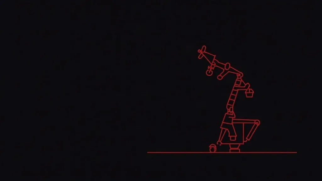 Crvena neon ilustracija robota-manipulatora na crnoj pozadini za blog o AI alatima za veb