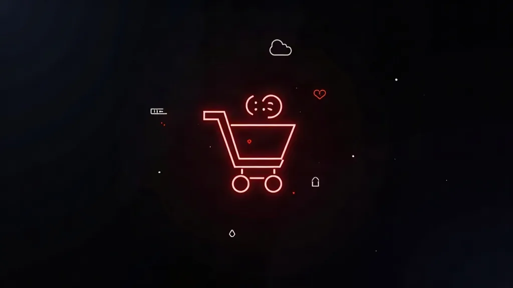 Neonska ikona korpe sa osmehnutim licem i srcem, simbolizujući zadovoljstvo kupaca u e-commerce.