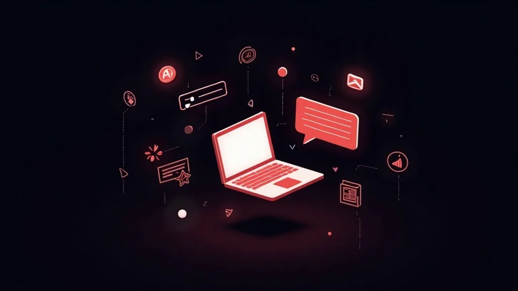 AI digitalni marketing i vidljivost sajta - laptop sa ikonama za SEO, analitiku i komunikaciju na tamnojposteri