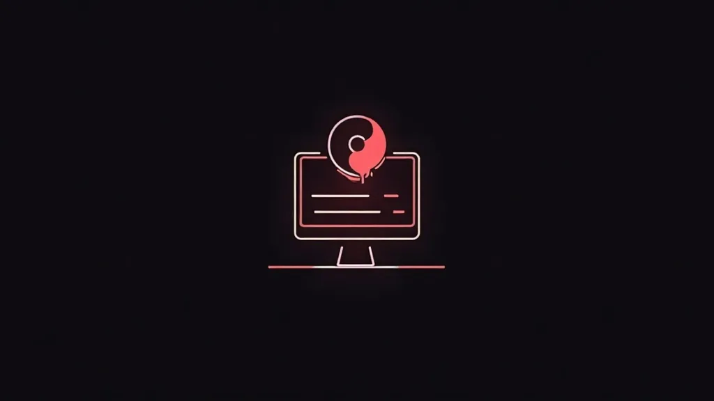 Neonska ilustracija računara sa yin-yang simbolom za optimizaciju konverzije i povećanje zahteva