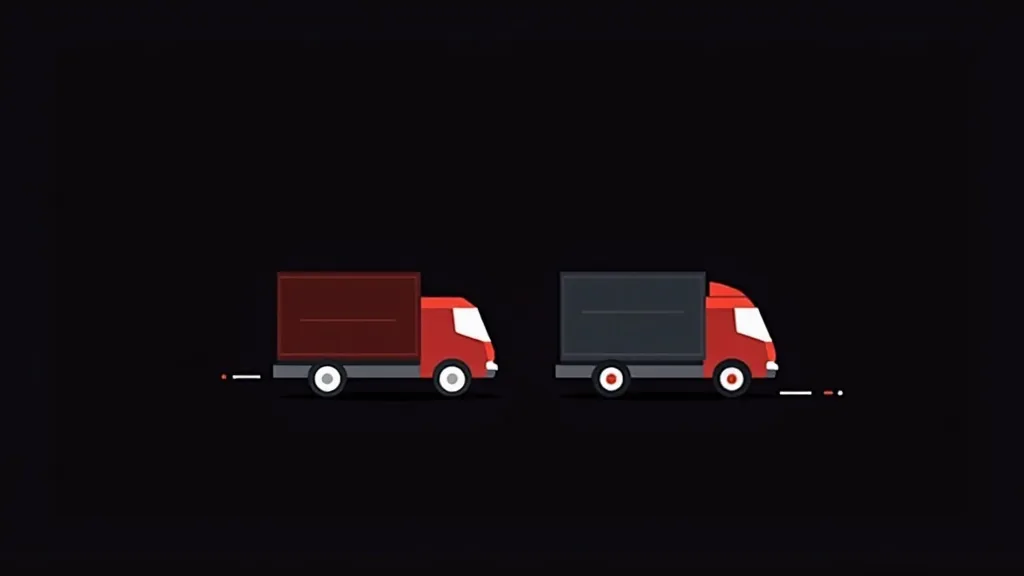 Dva crvena kamiona za dostavu i logistiku sa crnom kargo platformom na crnoj pozadini za e-commerce vodič