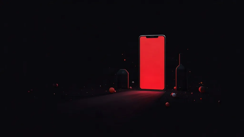 Crveni pametni telefon sa notčom na crnom pozadini sa 3D elementima, mobile-first dizajn