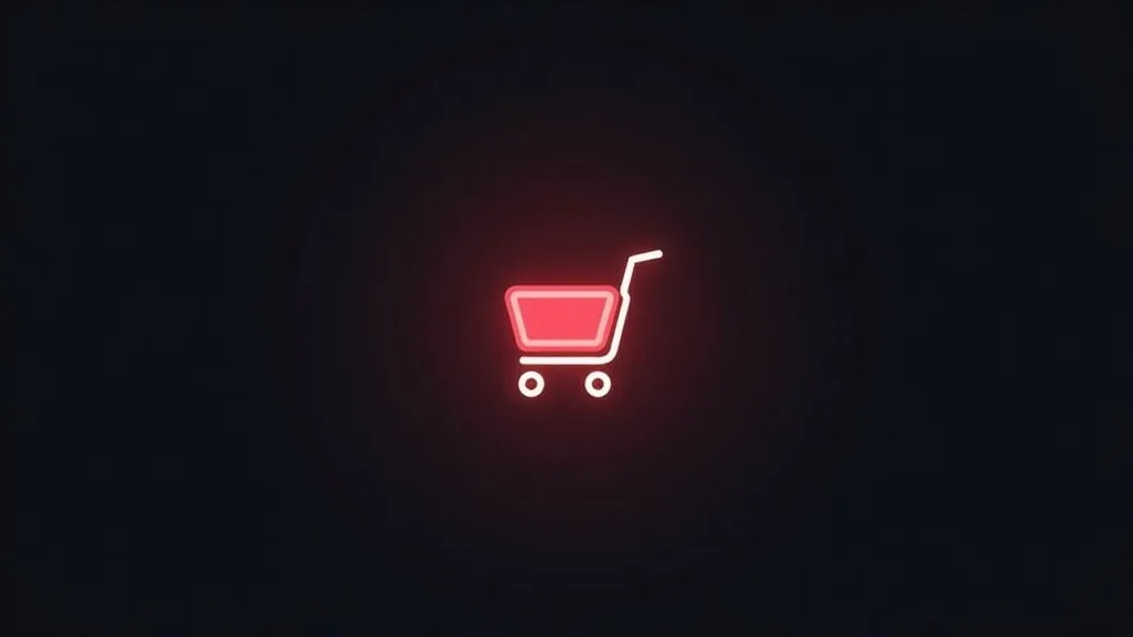 Neon ikona crvene kupovne korpe sa strelom na tamnoj pozadini - simbolu e-commerce prodaje