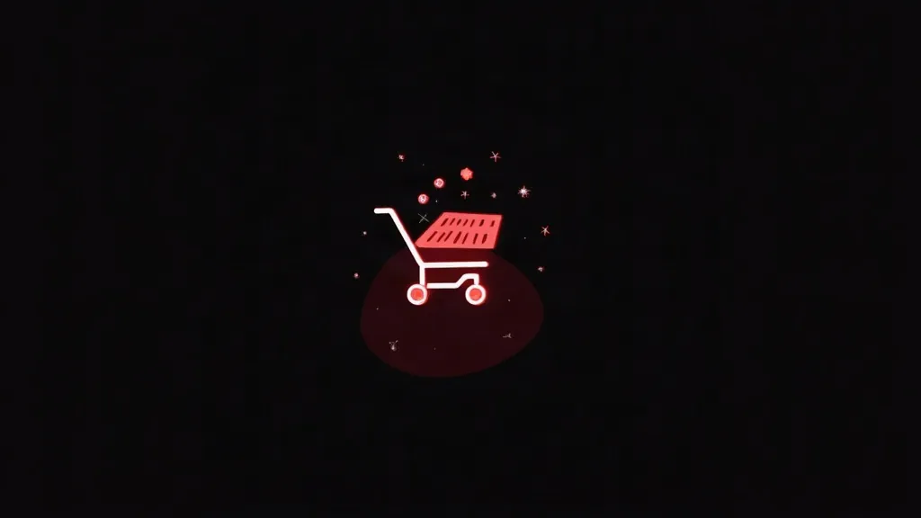 Neonska ikona prazne kupovinske korpe sa zvezdama na tamnoj pozadini, simbolizujući e-commerce