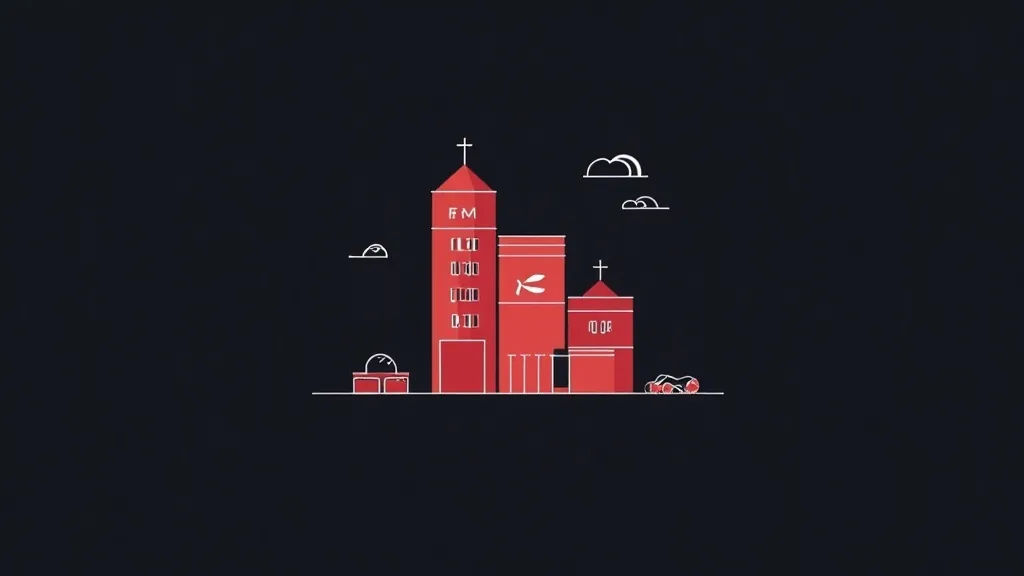 Ilustracija crvene zgrade sa crkvom koja predstavlja WordPress održavanje i web servise u Srbiji